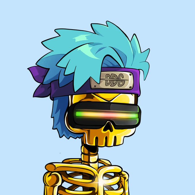 A cartoon-style illustration of a skeleton character wearing a purple ninja headband with spiky cyan hair and futuristic VR-style glasses with a rainbow stripe.