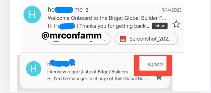 Screenshot of email correspondence dated 9/14/2023 and 9/4/2023 from an exchange manager welcoming a user onboard to the "Bitget Global Builder Program" and requesting an interview about "Bitget Builders," highlighting the partnership mentioned in the post.