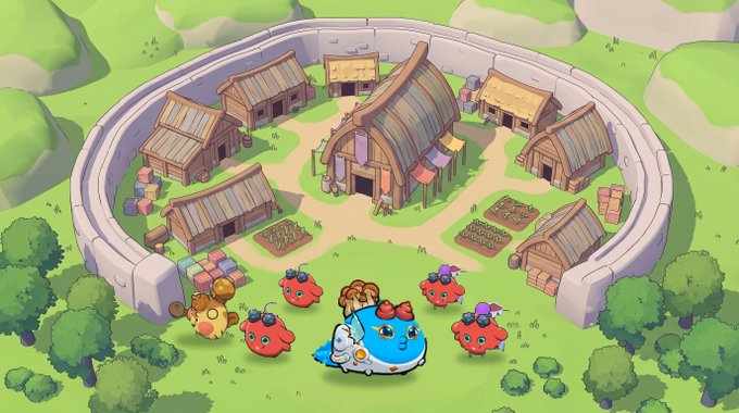 A colorful cartoon video game scene showing a small circular village with wooden houses inside a stone wall, surrounded by various small monsters.