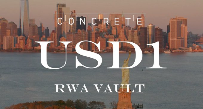 A cityscape at sunset featuring the Statue of Liberty and New York skyline, with text overlays reading 'CONCRETE', 'USD1', and 'RWA VAULT'.