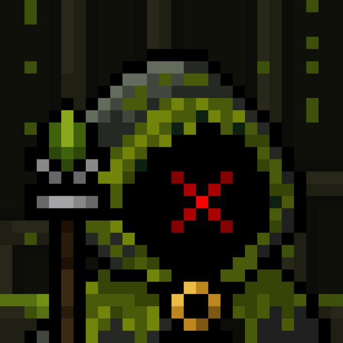 Pixel art depicting a green, monstrous figure with a red X on its chest and a gold ring at its waist, rendered in dark, blocky tones.