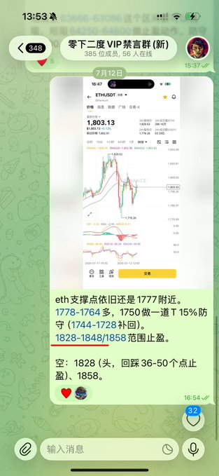 The image is a screenshot from a Telegram chat titled "零下二度VIP禁言群" showing an ETH/USDT trading chart from July 12, with the price at 1,803.13. The message below the chart provides trading guidance in Chinese, stating "eth支撑点依旧是1777附近。1778-1764多，1750做一道T 15%防守。空：1828 (回踩36-50个点止盈)、1858," indicating support levels around 1777, entry zones for longs at 1778-1764 and 1750 with a 15% stop-loss, and short entry points at 1828 (with 36-50 point take-profit on pullback) and 1858, which complements the post's mention of ETH's resistance at 1848 and the recently closed long position.