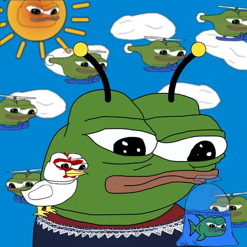 A digital artwork featuring a large Pepe the Frog character surrounded by smaller flying Pepe helicopters, with a chicken and fishbowl in the foreground.