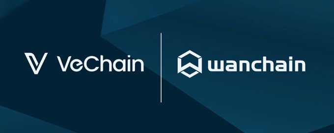 A dark blue banner displaying the VeChain and Wanchain cryptocurrency logos side by side, separated by a vertical line.