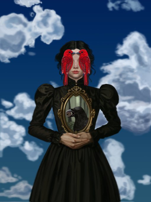 A surreal portrait shows a woman in a black Victorian-style dress holding a framed painting of a black raven, with two red birds positioned over her eyes against a blue cloudy sky.