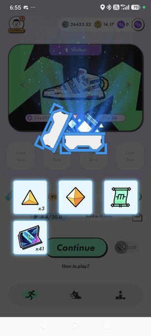 A mobile game screenshot shows a sneaker item labeled 'Walker' being unboxed, with game currency displays showing 26453.52 and 14.17, and a 'Continue' button.