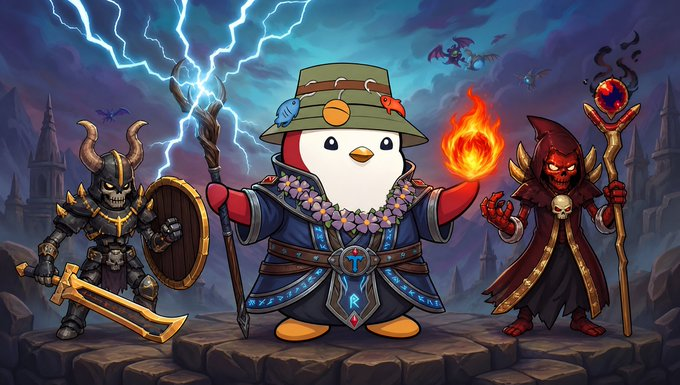 A cartoon penguin dressed as a fantasy wizard in a blue robe and green hat casts a fireball spell, flanked by an armored knight warrior on the left and a red-robed demon with a staff on the right, set against a stormy castle backdrop.