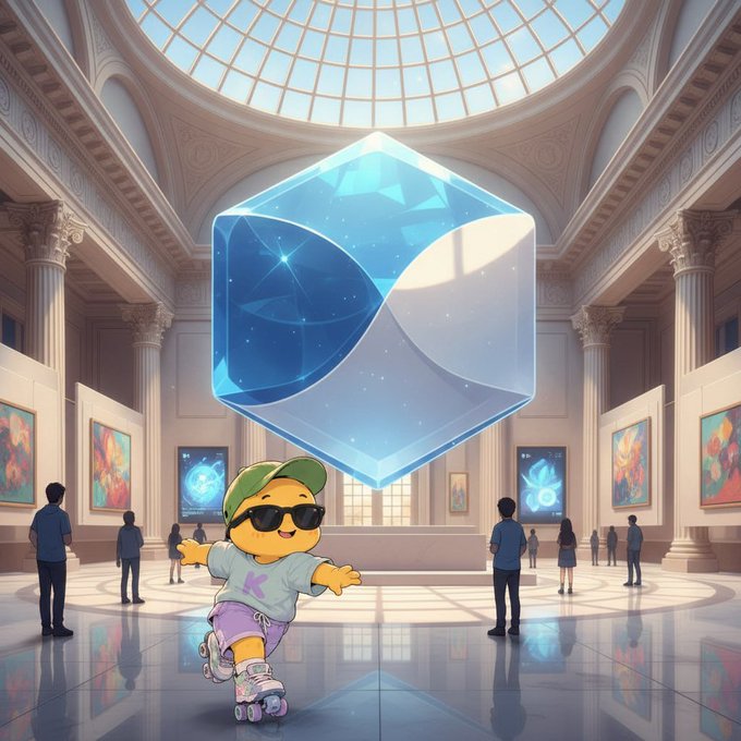 A cartoon duck wearing sunglasses, a cap, and a shirt with a 'K' skates through a grand museum hall beneath a glass dome, with a large floating blue cube displaying a wave pattern hovering above.