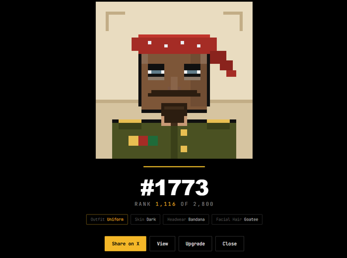 A pixel art character portrait labeled '#1773' in military uniform with a red bandana, showing 'RANK 1,116 OF 2,800' and outfit details 'Uniform, Skin Dark, Headwear Bandana, Facial Hair Goatee'.