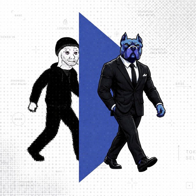 A split illustration showing a black silhouette figure in streetwear on the left and a person with a blue pitbull/dog head wearing a suit and tie on the right, set against a dotted background with text like 'BASE' and 'TOKENIZED SELF BELIEF'.