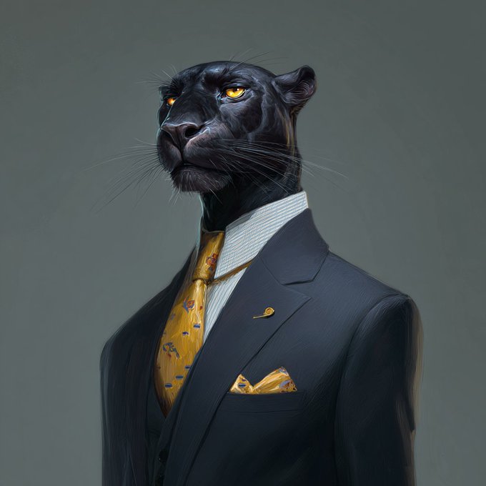 Digital painting of a black panther with golden eyes, depicted in an anthropomorphic style wearing a dark suit, striped shirt, and a yellow patterned tie with a matching pocket square.