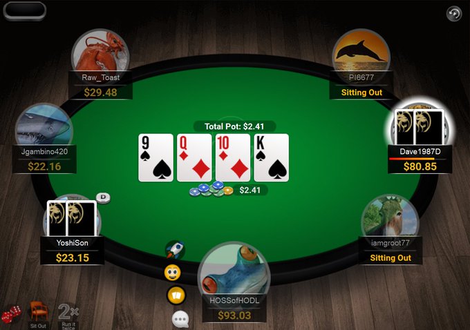 Online poker game screenshot showing a table with players Raw_Toast, Pi6677, Jgambino420, Dave1987D, YosiiiSon, and HOSSofHODL, with community cards 9♠ Q♦ 10♦ K♠ and a total pot of $2.41.