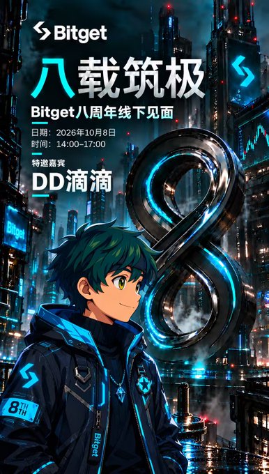 A Bitget promotional image for their 8th anniversary featuring an anime-style character with green hair in front of a cyberpunk cityscape and a glowing '8'.