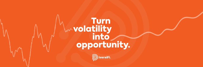 The image is a promotional graphic with an orange background featuring a white line graph resembling a stock chart, alongside the text "Turn volatility into opportunity." and the "Diversifi" logo. It visually reinforces the post's message by showcasing how Diversifi transforms market volatility—a concept represented by the erratic line graph—into a strategic opportunity for investors, aligning with the company's mission as referenced in the accompanying testimonial.
