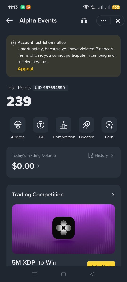 A Binance Alpha Events screenshot displaying an account restriction notice citing Terms of Use violations, a Total Points score of 239, UID 967694890, and a Trading Competition offering 5M XDP.