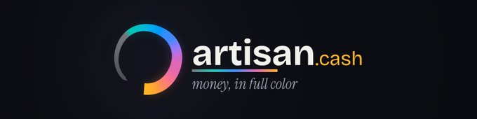 A promotional graphic for "artisan.cash" features a colorful gradient logo with the tagline "money, in full color," set against a dark background, reinforcing the brand mentioned throughout the post.
