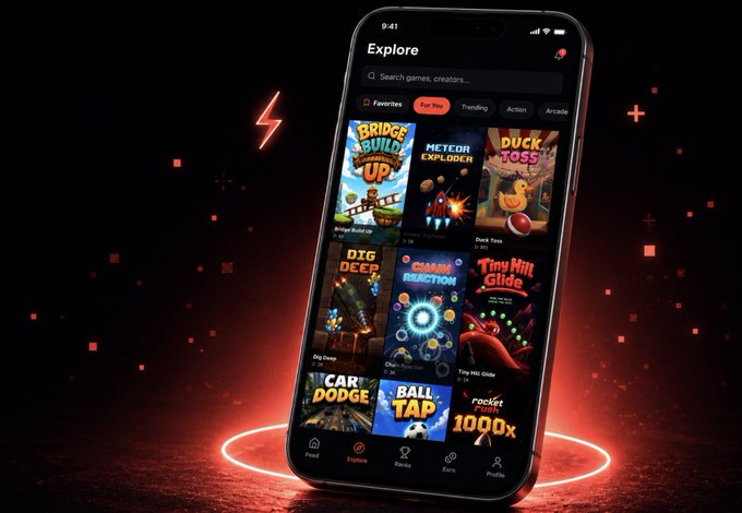 A smartphone displays the Hoppr app's "Explore" page, featuring game tiles like "Bridge Build Up," "Meteor Exploder," "Duck Toss," and "Tiny Hill Glide." The image visually reinforces the post's announcement of a weekly Genesis Challenge, showcasing the variety of games where players can compete to win Genesis collectibles.