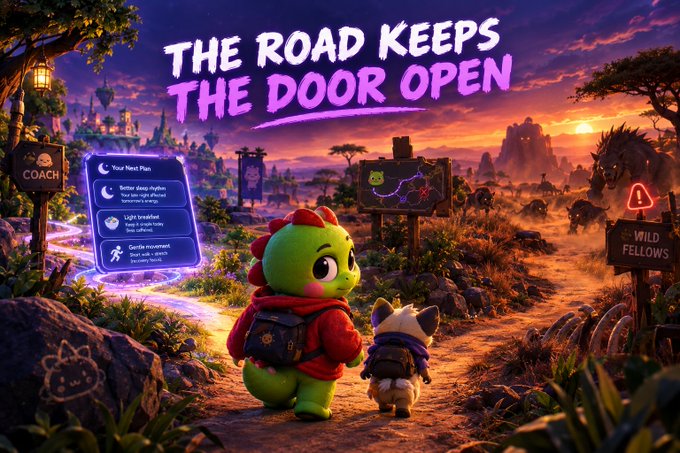 A colorful fantasy game scene titled 'THE ROAD KEEPS THE DOOR OPEN' featuring a green dragon-like character and a cat companion on a dirt path at sunset, with UI elements showing a plan and signs reading 'COACH' and 'WILD FELLOWS'.