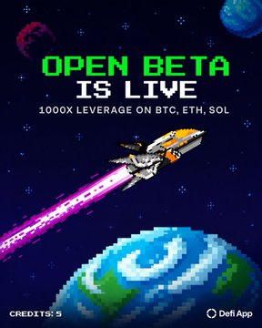 The image shows a poster for Open Beta which is live with an interactive game being played that takes place inside of outer space. The rocket depicted within the game is described as having a "rocket perp" system where the player rewards themselves even when they lose, meaning they will accumulate points regardless of their performance in the game. Additionally, there's a 100% leverage system that ensures players always have something to gain by playing the game. The text above the rocket reads "Open Beta is live", and the bottom part of the poster shows a logo for another online game called "DefiApp".