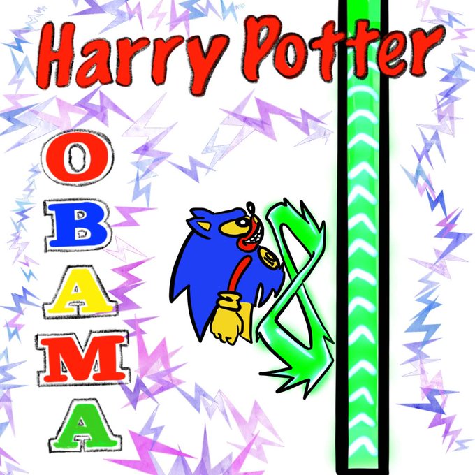 A colorful, hand-drawn graphic with the text 'Harry Potter OBAMA' featuring a Sonic the Hedgehog-like character next to a green arrow and lightning bolts.