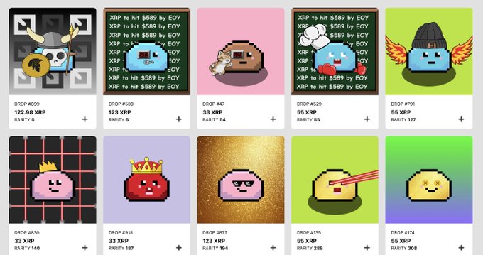 A marketplace listing displays 10 rare DROP: CODED NFTs for sale, featuring pixelated character art with prices ranging from 33 XRP (#830, #918, #114) to 589 XRP (#699), including notable high-value items like "DROP #791" at 55 XRP with rarity 127 and "DROP #589" at 122.98 XRP. The image aligns with the seller's post about distributing their favorite and rarest collection pieces, showcasing specific rarity numbers (140, 187, 194, 289, 308, 127) and #END labels to emphasize the collectible value being offered to the community.