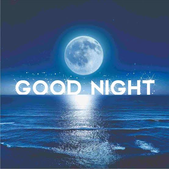 A nighttime ocean scene featuring a large full moon reflecting on the water with the text 'GOOD NIGHT' displayed across the center.
