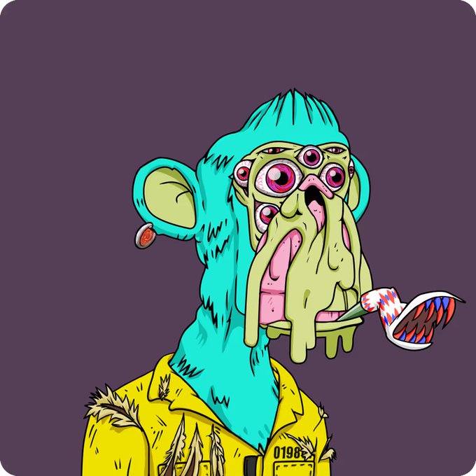 An illustration of a stylized teal and green monkey-like character wearing a yellow jacket, identified as Bored Ape Yacht Club #198, smoking and drooling a fish.
