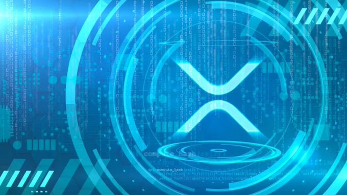 A digital graphic featuring the XRP cryptocurrency logo (a stylized X) against a blue background filled with falling code, giving a high-tech appearance.