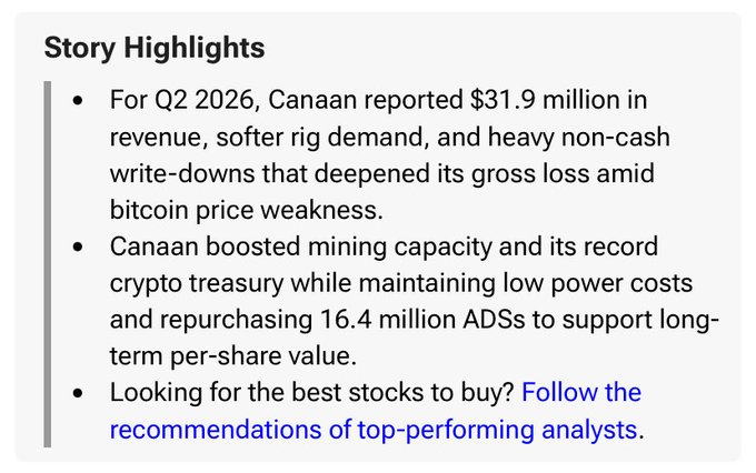 A 'Story Highlights' text box discussing Canaan's Q2 2026 financial results, mentioning $31.9 million in revenue, soft rig demand, bitcoin price weakness, mining capacity expansion, and share repurchasing of 16.4 million ADSs.