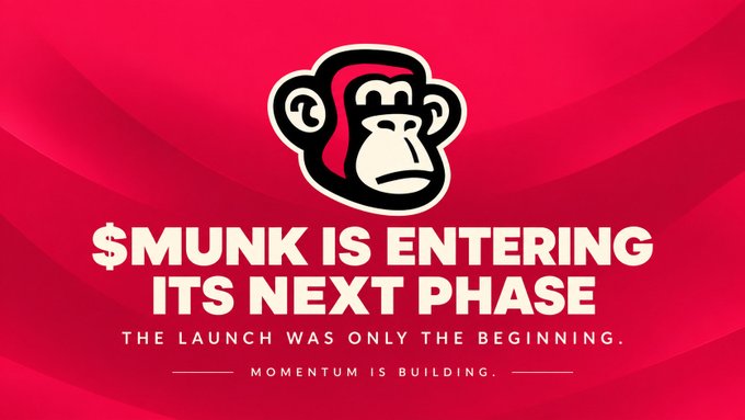 A bold promotional graphic for $MUNK cryptocurrency features a stylized monkey logo on a vibrant magenta background, displaying the headline "$MUNK IS ENTERING ITS NEXT PHASE" with supporting text "THE LAUNCH WAS ONLY THE BEGINNING. MOMENTUM IS BUILDING." The image visually reinforces the post's message of transition from initial launch to an upcoming growth-focused phase, with the "momentum building" tagline echoing the post's emphasis on increasing visibility and community expansion around the token.