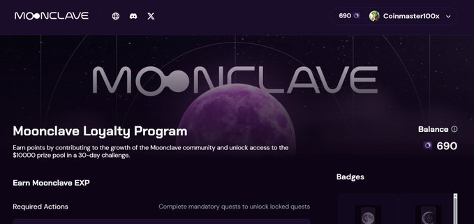 Dark-themed website header for 'MOONCLAVE' featuring a purple planet graphic, advertising the 'Moonclave Loyalty Program' with a 690 point balance shown for user 'Coinmaster100x'.