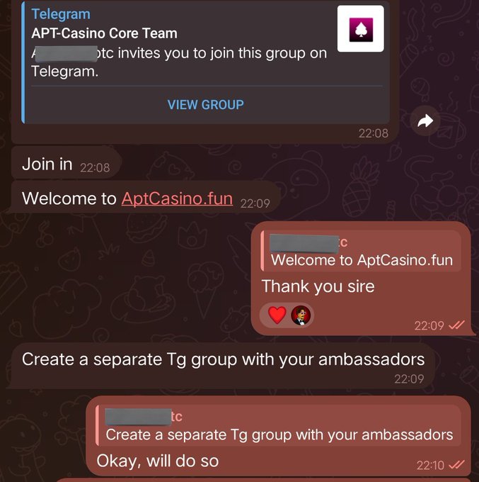 The image shows a group chat conversation between several people, with one person typing out a message about joining an Apartment Program. The text includes details of the program and invites the participants to join as a separate Tg Group member. The chat is filled with various emojis and gifs, indicating that it's a casual and friendly exchange among friends or acquaintances.