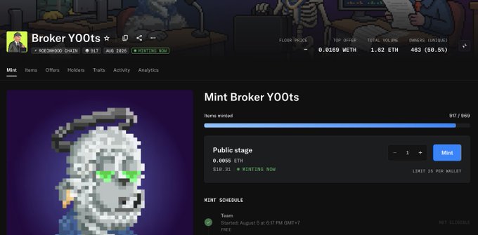 A screenshot of the NFT collection "Broker YO0ts" on OpenSea showing 517/969 items minted, with 1.02 ETH total volume and a floor price of 0.0169 ETH, illustrating the alleged fake volume issue mentioned in the tweet about scammers manipulating NFT marketplace statistics.