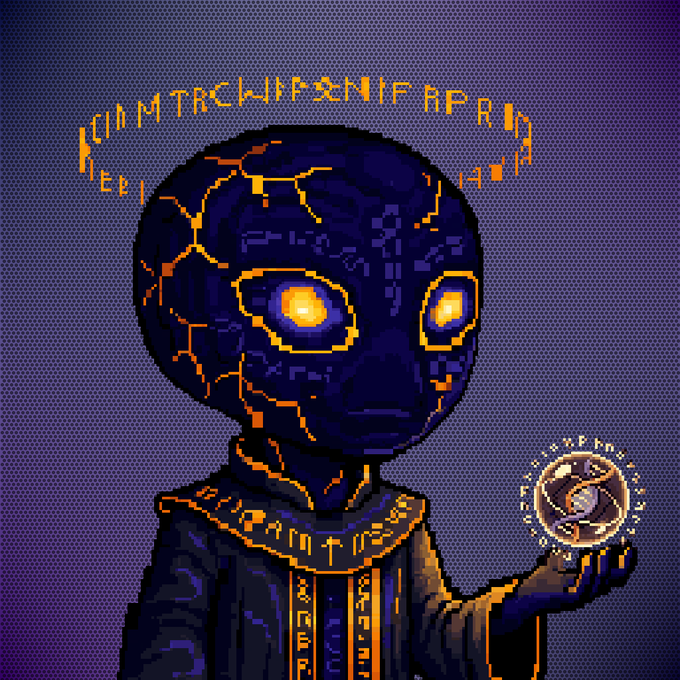 The image features a digital illustration of an alien-like creature with a face, dressed in robes or a robe and hat, holding a golden object that appears to be a coin or a ring. The background color of the image is purple, which complements the overall design of the illustration. The caption at the bottom of the image reads "Introducing this @voids_eth The Ancient deity! I was given this for not listing. Its kind to be kind!".