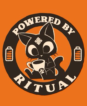 An orange logo featuring a black cat holding a coffee cup, encircled by text reading 'POWERED BY RITUAL'.