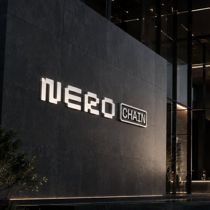 Dark architectural photo of a modern building facade with an illuminated "NERO CHAIN" sign in stylized white letters on a textured black stone wall.