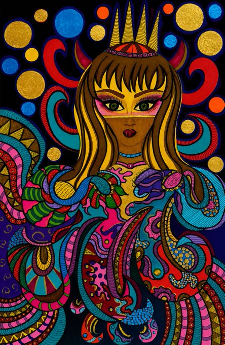 A vibrant, colorful psychedelic illustration of a woman with a crown and horns, surrounded by intricate patterns and tentacle-like shapes.