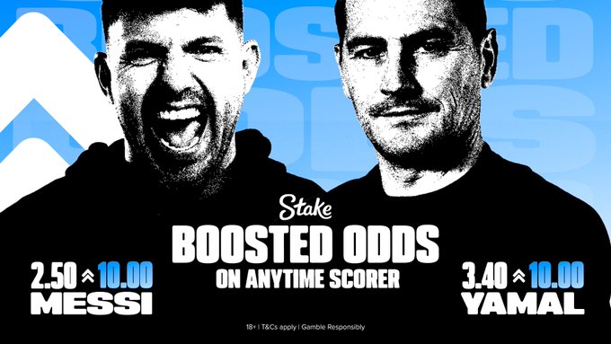 Promotional image featuring black-and-white portraits of Messi and Yamal, advertising Stake's "Boosted Odds on Anytime Scorer" with odds of 2.50 boosted to 10.00 for Messi and 3.40 boosted to 10.00 for Yamal, tying into a $20,000 giveaway for users picking their favorite to score.