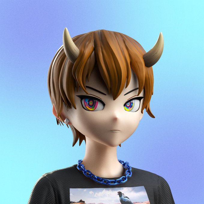 A 3D rendered character with brown hair, small horns, colorful rainbow swirl eyes, a blue chain necklace, and a black shirt against a blue gradient background.