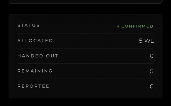 Dark status dashboard showing 'CONFIRMED' status with 5 WL allocated, 0 handed out, 5 remaining, and 0 reported.