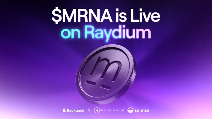Promotional graphic featuring a purple 3D coin with an "m" logo and the text "$MRNA is Live on Raydium," with logos for Backpack, Raydium, and sunrise at the bottom.