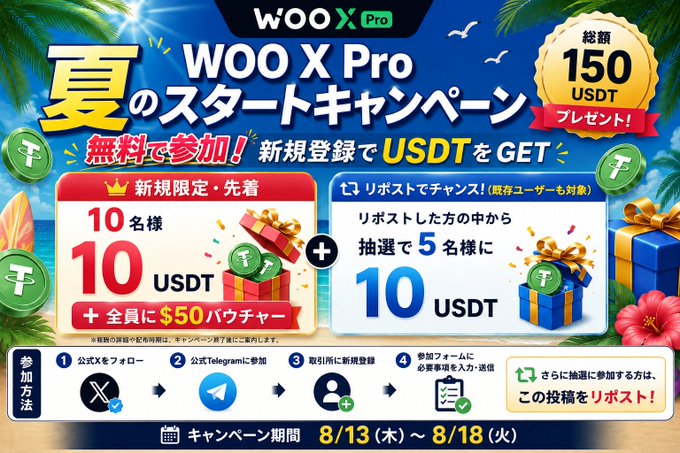 A promotional banner for "WOO X Pro" featuring a summer start campaign, offering up to 150 USDT for new registrations and reposts, running from 8/13 to 8/18.