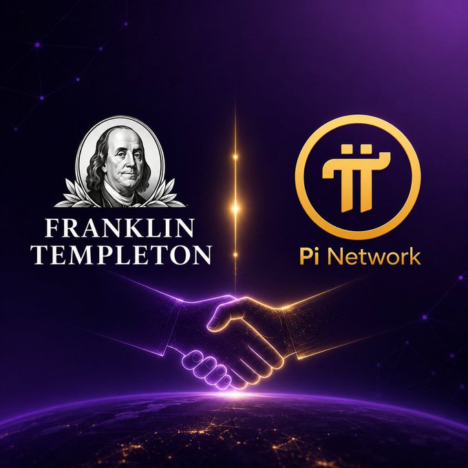 The image depicts a stylized handshake against a cosmic purple backdrop, symbolizing a partnership between Franklin Templeton and Pi Network, with their respective logos (featuring Benjamin Franklin's portrait and the Pi symbol) prominently displayed on either side. The visual connects to the post's message by metaphorically representing the bridge between established financial institutions and emerging blockchain ecosystems.