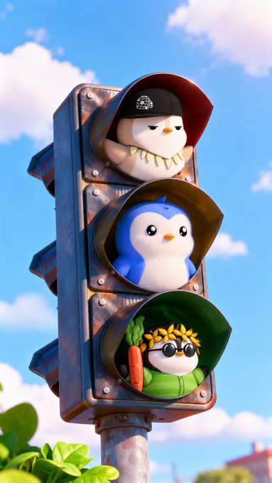 A 3D rendering of three stylized penguins dressed in different hats and outfits (a baseball cap, a blue hood, and sunglasses with a carrot) sitting inside a rusty, vintage traffic light against a blue sky.