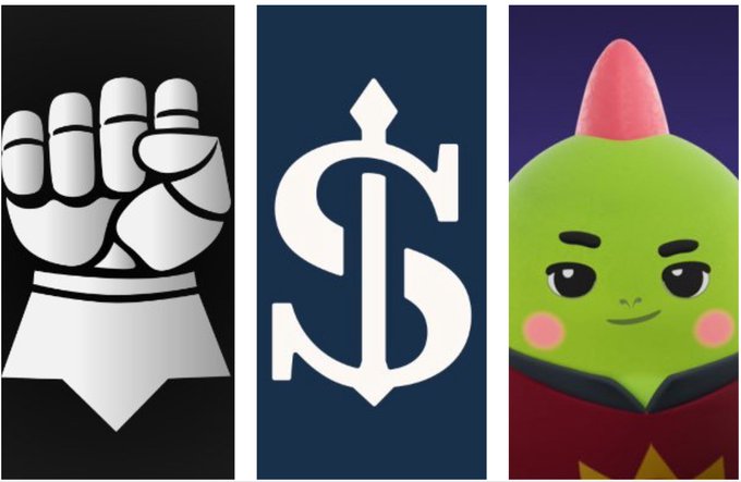 The image displays three vertical panels featuring a white raised fist on a black background, the "JS" Seattle Mariners-style logo on a navy background, and a cartoon green character with a pink mohawk reading a book on a purple background. These visuals likely correspond to three Web3 projects the author is introducing, symbolizing community strength, a "JS"-titled platform, and a quirky mascot-led project that the post teases as having meaningful underlying activity worth attention.