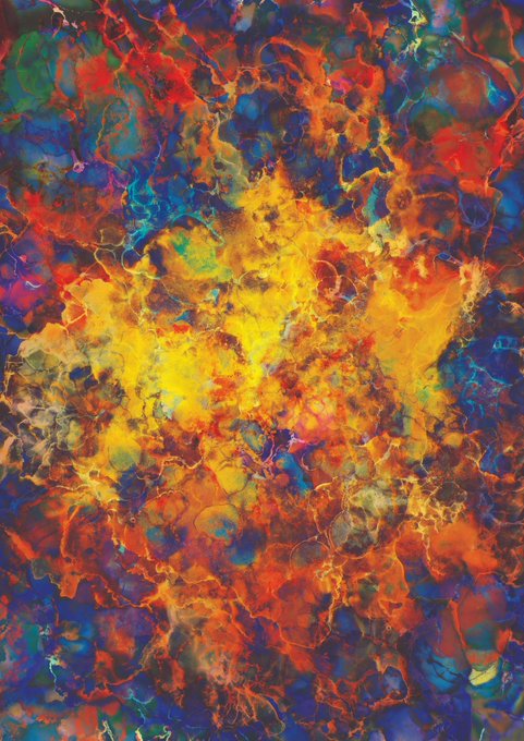 A vibrant abstract painting featuring an explosive burst of yellow, orange, and red colors against a deep blue background, resembling flames or a cosmic eruption.