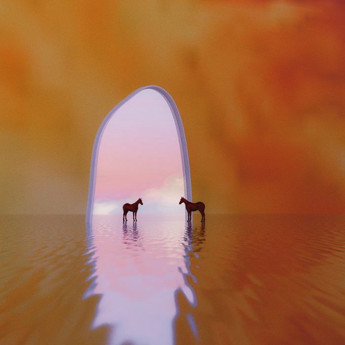 A surreal, dreamlike image shows two horses standing in a pink and orange watery landscape, framed within an arched mirror or portal, with their reflections stretching out beneath them.