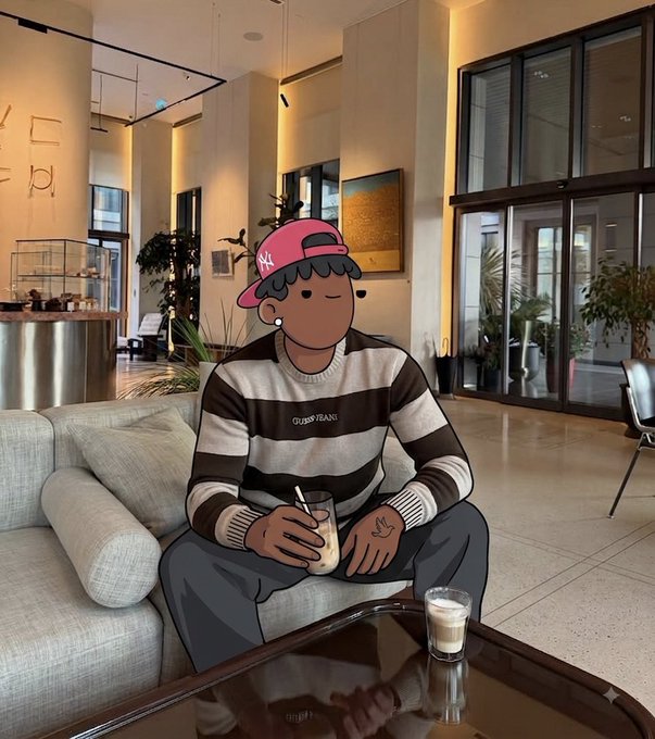 An illustration of a person wearing a pink cap and striped sweater, drawn in an anime style, sitting on a couch in a modern, well-lit lobby with a drink on the coffee table.