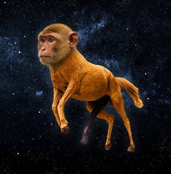 The image features a monkey with its tail raised, standing out against a backdrop of stars and space. The monkey appears to be running or leaping through the scene, creating an interesting contrast between the natural world and the vastness of outer space. The caption for this image reads "$MORT #solana #memecoin #pumpswap" which is likely a reference to the popular meme culture phenomenon involving monkeys and their tails.