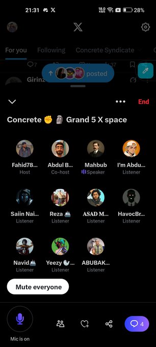 A Twitter/X Spaces screenshot titled 'Concrete 🪨 Grand 5' showing the host, co-host, speaker, and multiple listeners, with mic enabled and a 'Mute everyone' button visible.